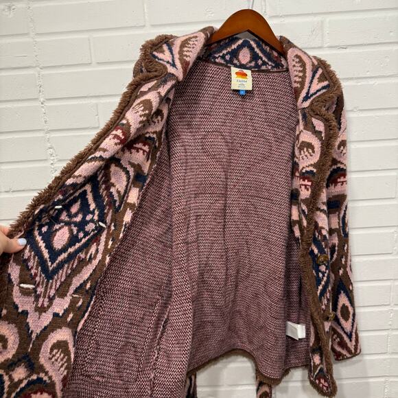 Farm Rio Ikat Pineapple Knit Blazer Cardigan Wool Blend Belt Pink Brown Sml Boho - Picture 6 of 16